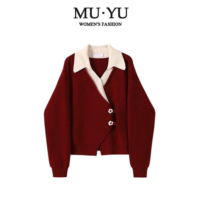 [现货]假两件新年红色毛衣2025秋冬新款拼接设计感减龄小花扣上衣