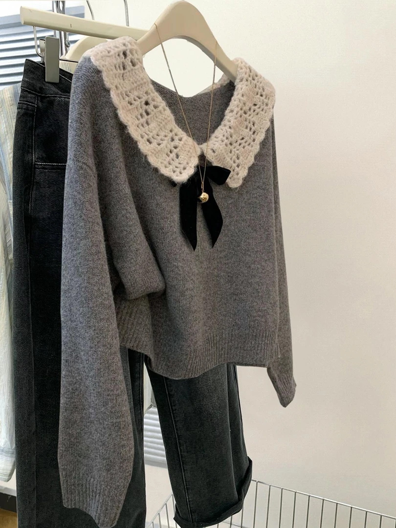 灰色翻领蝴蝶结套头毛衣女秋冬2025冬季新款小个子针织衫上衣加厚