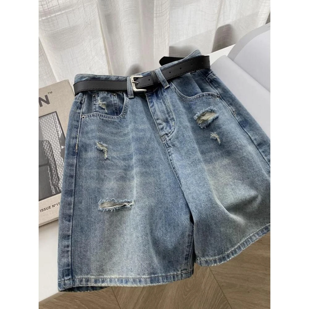 梨形身材破洞牛仔短裤女夏季薄款大码胖mm高腰遮胯a字阔腿五分裤