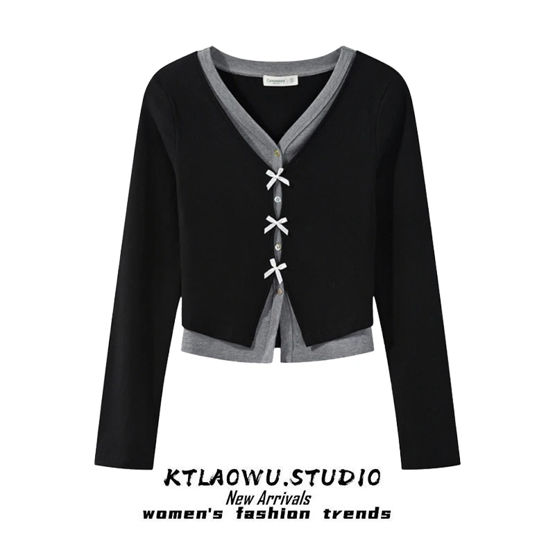 秋季穿搭2025新款设计感假两件撞色V领长袖开衫休闲百搭短款上衣