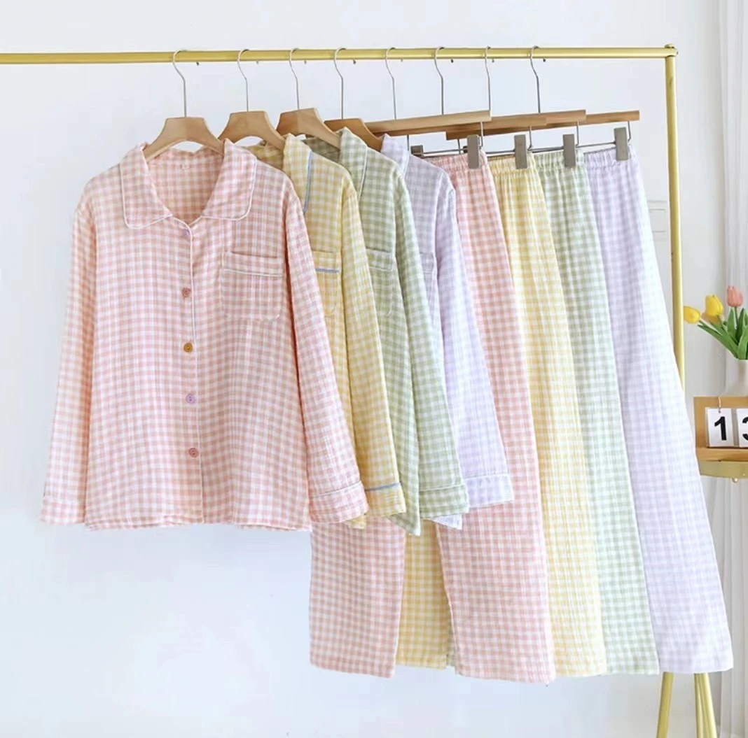 全棉双层棉纱睡衣女长袖套装春夏秋季四色小格子文艺风减龄家居服