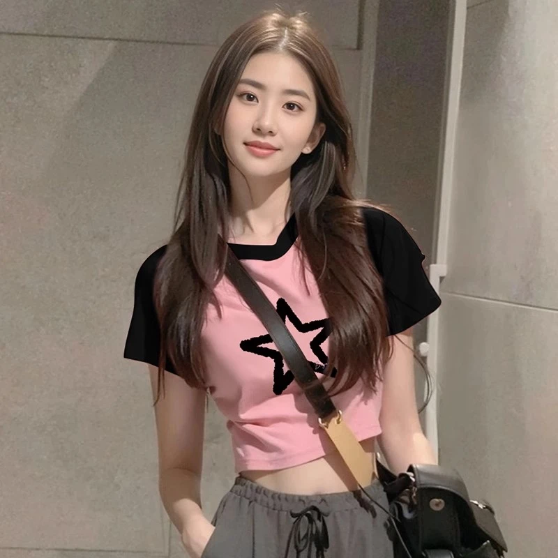 纯棉印花插肩短袖T恤女夏季百搭拼接撞色辣妹修身显瘦短款上衣潮