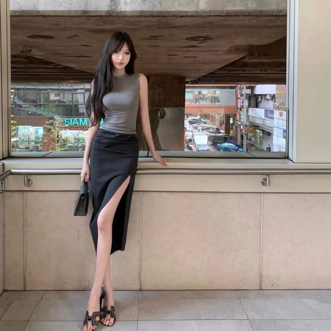 御姐茶系穿搭纯欲修身套装气质显身材背心包臀半身裙两件套女夏季