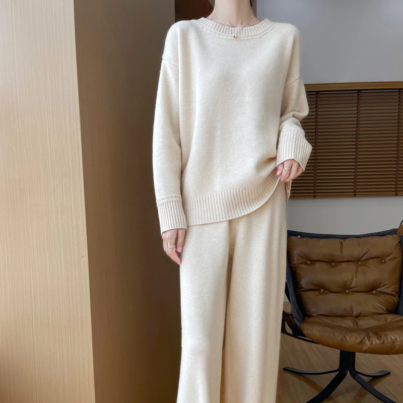 秋冬季新款针织羊毛衫圆领毛衣休闲羊毛裤高腰阔腿裤气质两件套装