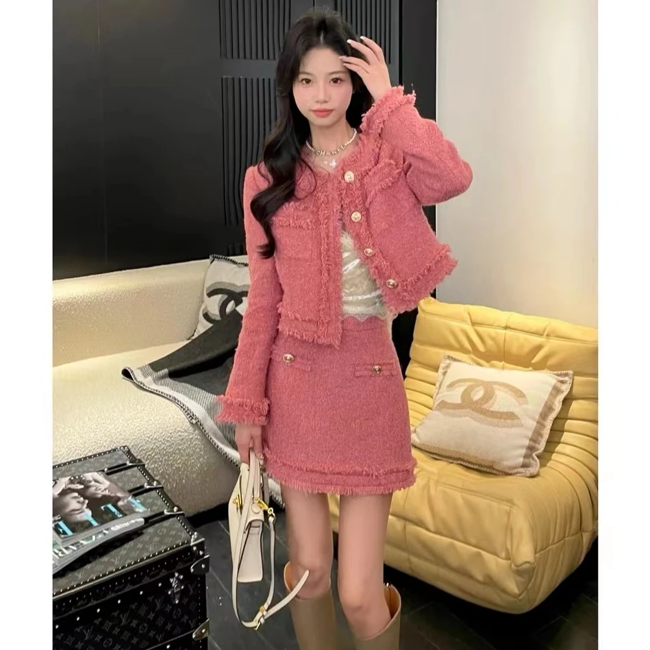 【朵拉】大码法式小香风套装女秋冬季名媛气质流苏外套半身裙两件套