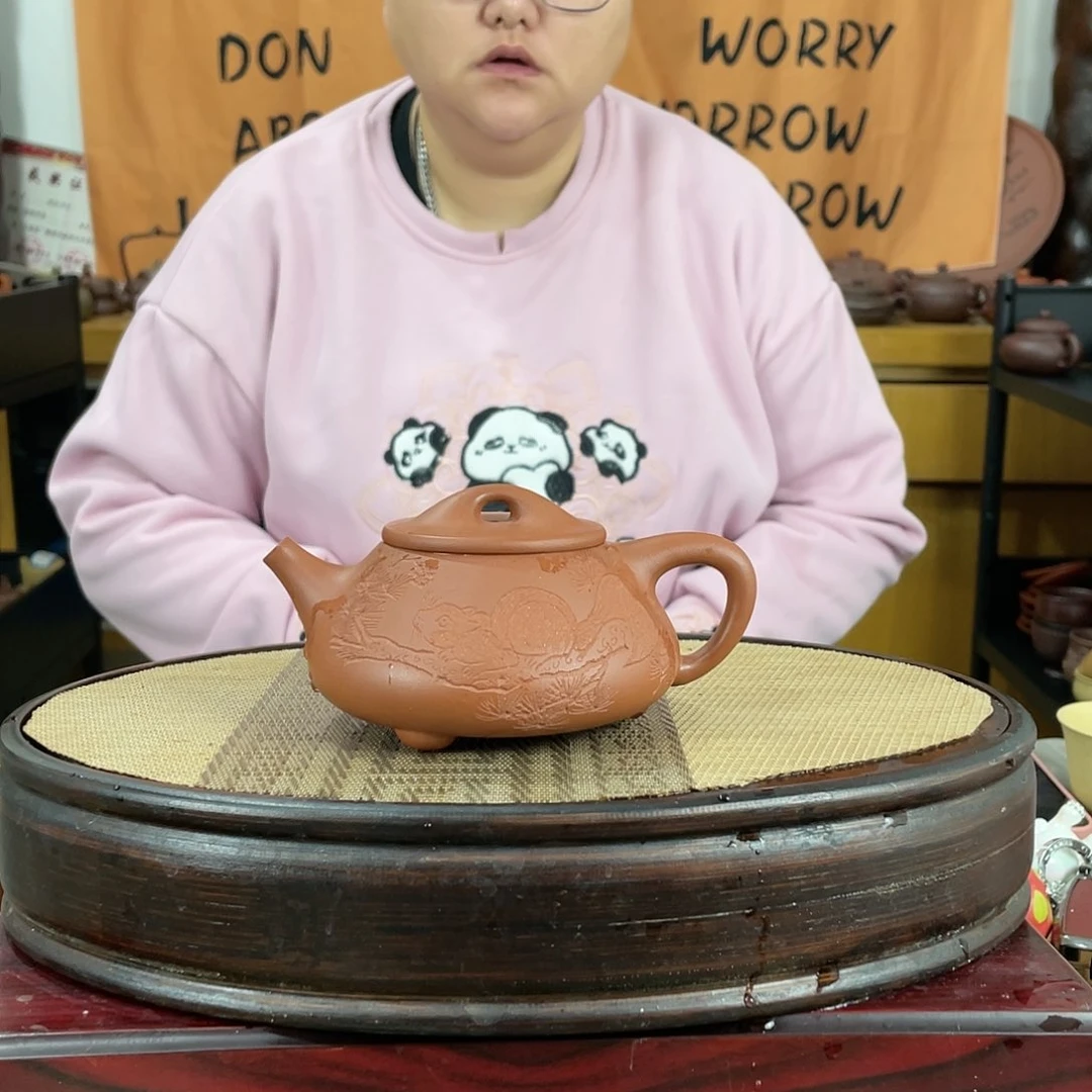 紫砂茶壶清水泥刻绘满瓢壶