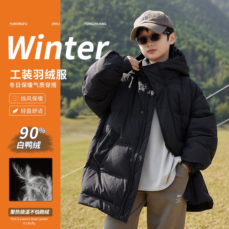 男童冬季羽绒服新中大童加厚保暖冬装儿童90白鸭绒黑色外套23621