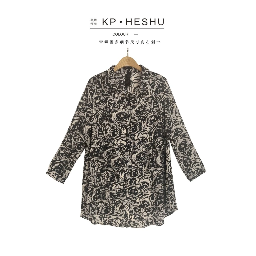 【靠谱何叔】立裁衬衣衬衫气质休闲复古抽象黑玫瑰长袖KP2396