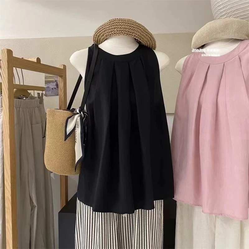 现货2025新款多巴胺设计感挂脖背心女夏季高级感上衣宽松无袖衬衫