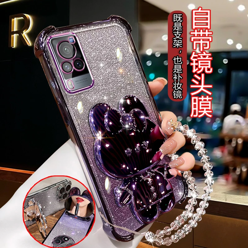 适用vivox60手机壳女潮Vivo X60t四角防摔V2046A软壳5G带镜子支架