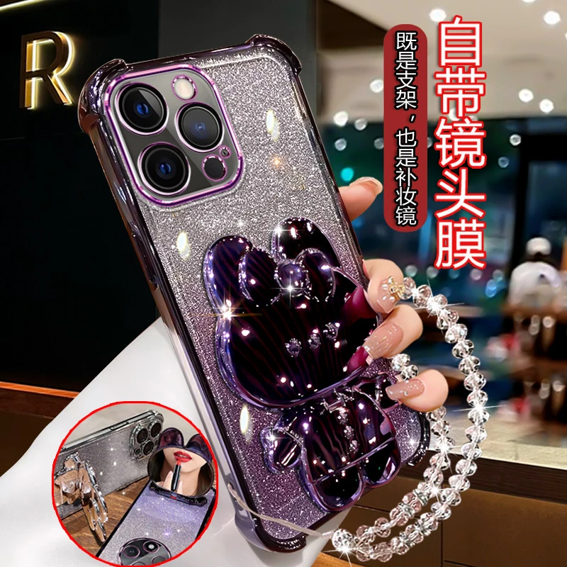 适用苹果13pro网红手机壳高级iphone13 PROAMX闪粉软壳带镜子支架