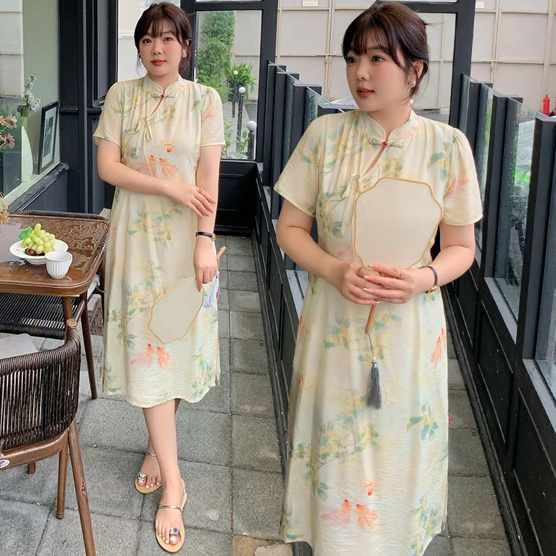 230斤大码女装夏胖MM200斤加肥加大显瘦洋气中长款改良版碎花旗袍