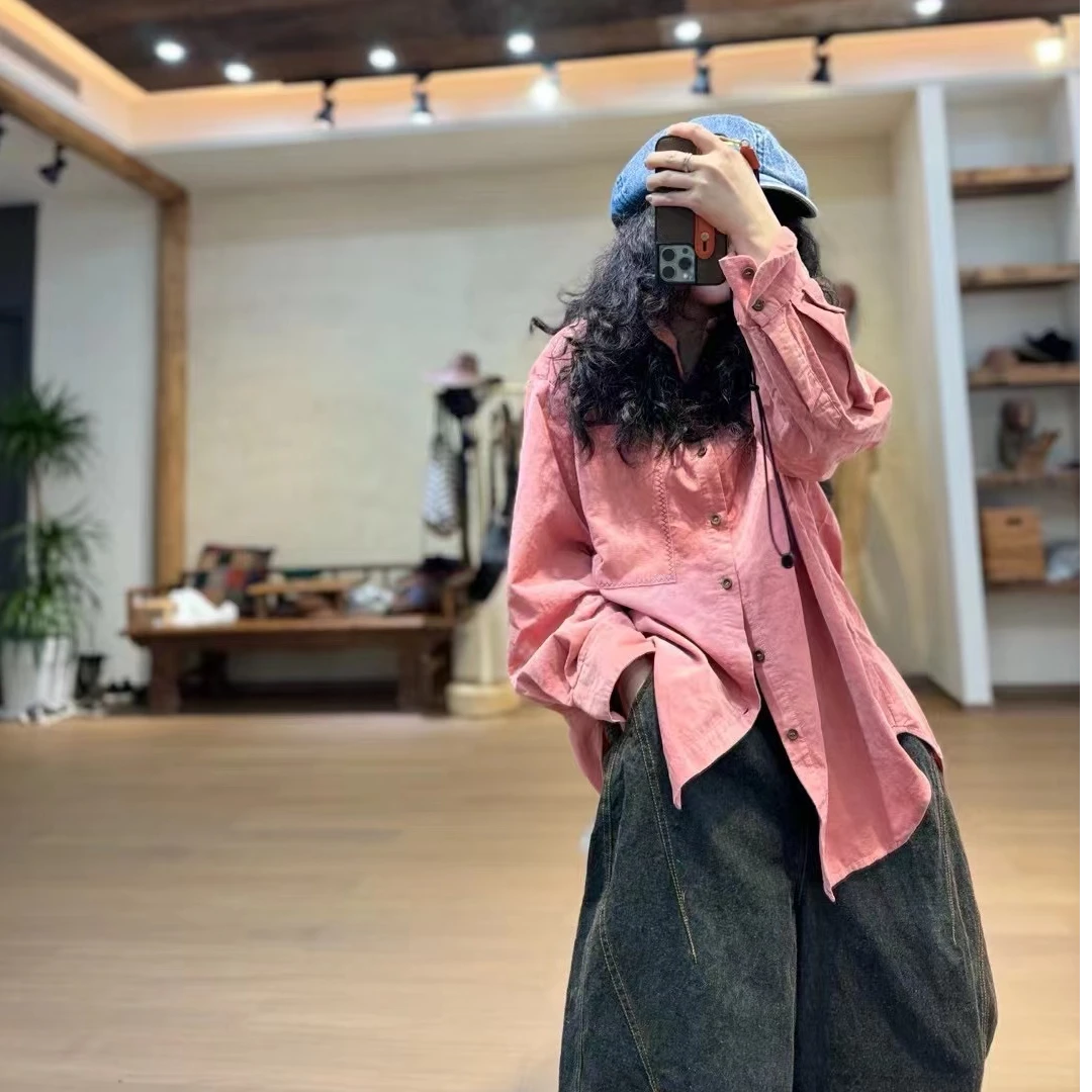 忆古朴拙240130-1  棉坑条纹翻领大衬衣时尚休闲复古风