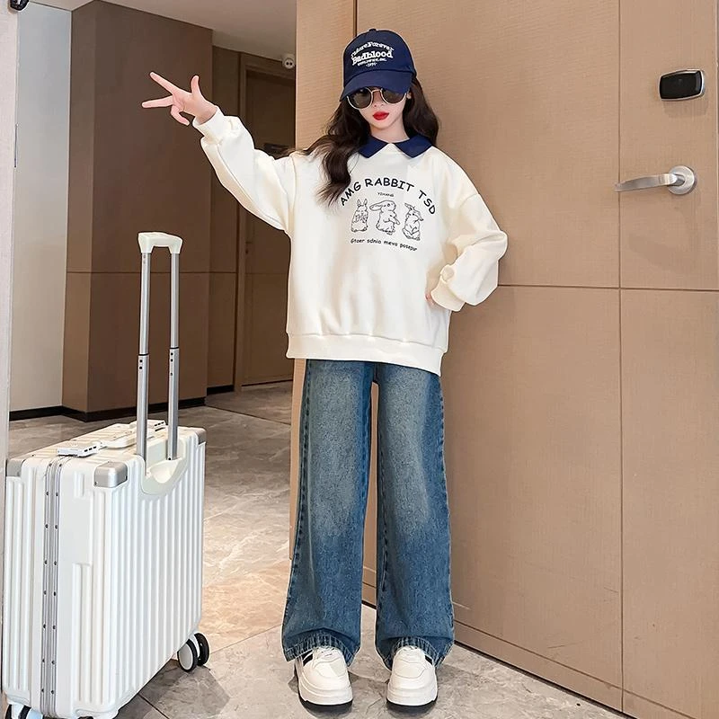 BLBLA女童秋装套装2024装新款儿童洋气polo领卫衣大童牛仔阔腿裤