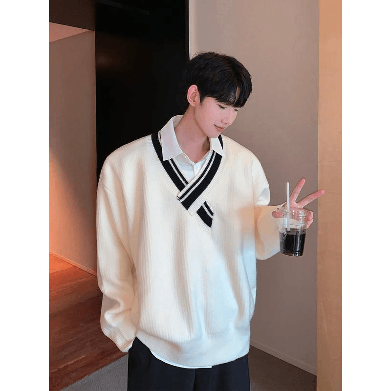 秋冬小众不规则v领设计宽松慵懒风条纹撞色港风学院风针织毛衣男