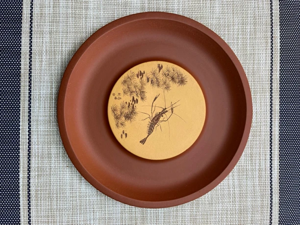 宜兴紫砂陶刻挂盘徐浩满刻虾子戏水