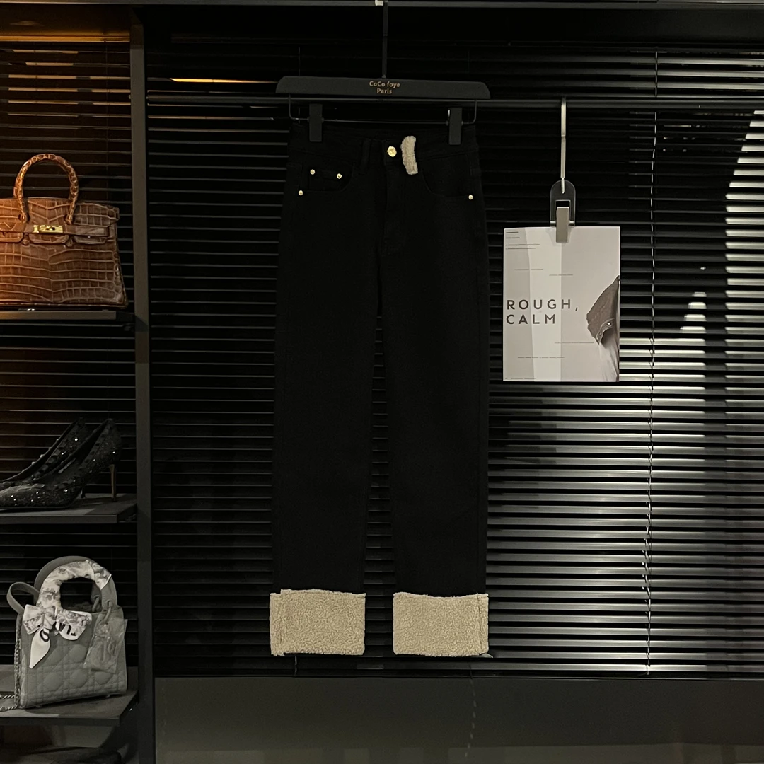 COCO丨高定系列撞色拼接羊羔绒高腰牛仔裤JC-A651