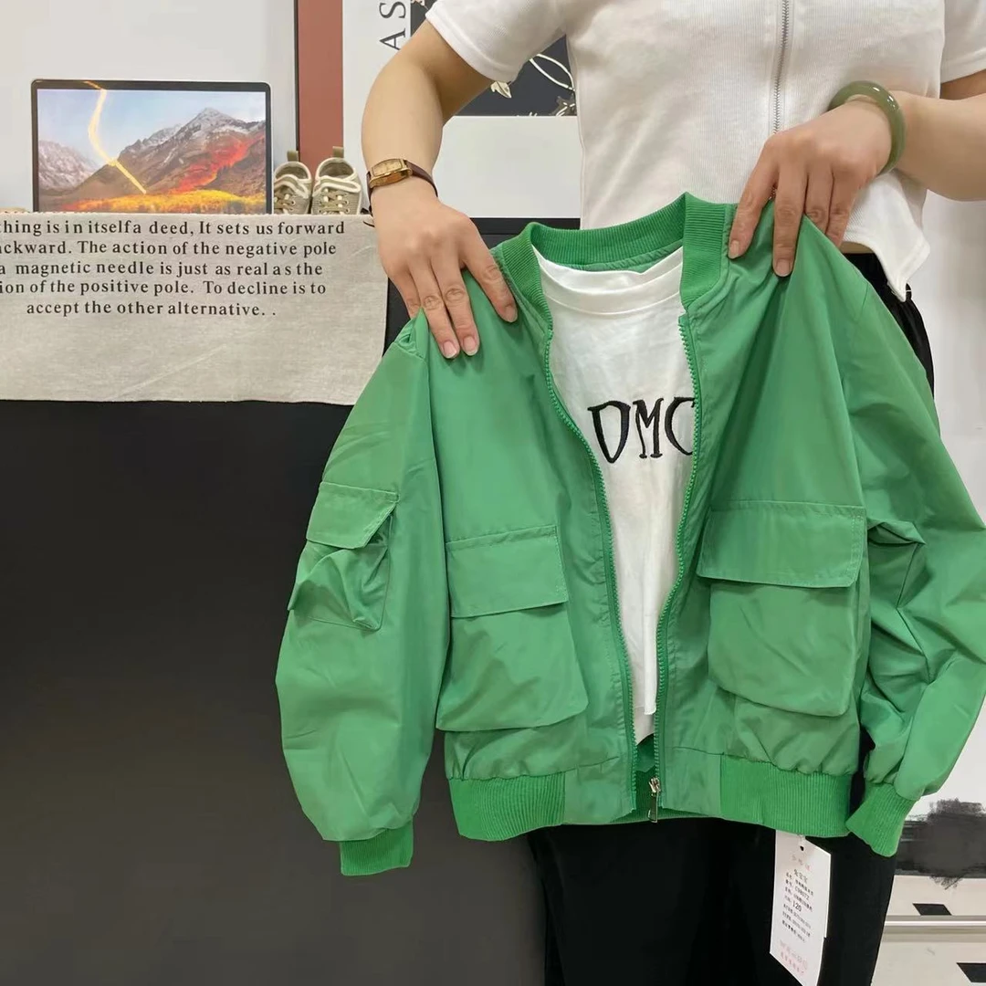 518时尚潮流春秋夹克男女童绿色上衣外套