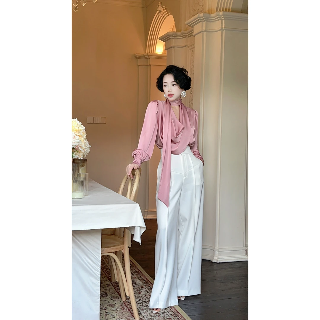 LYXJ【雪塔山茶花】春季新款气高腰女士设计师百搭阔腿裤10842