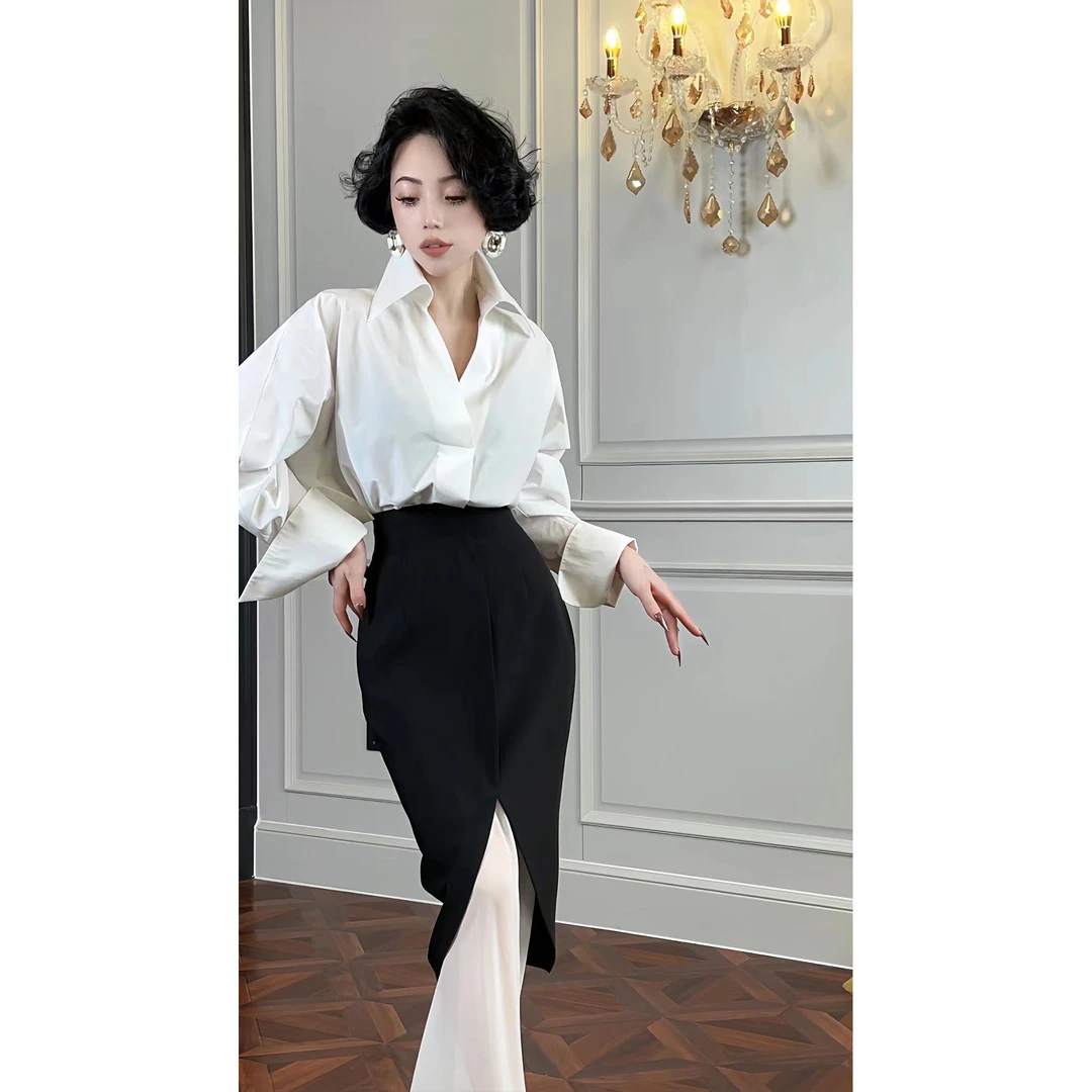 LYXJ【罗马尼假日】黑白撞色鱼尾半身裙10405