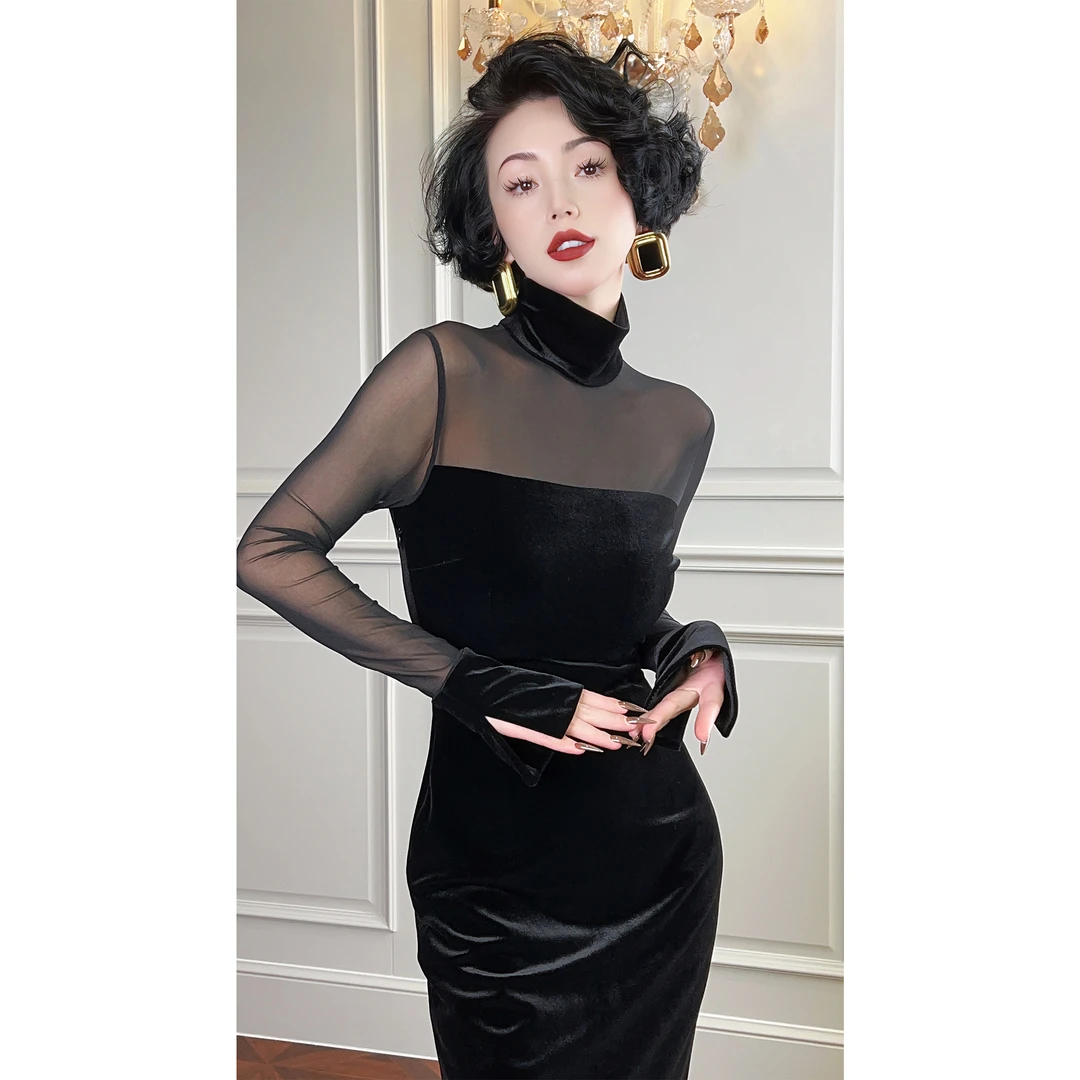 LYXJ【卡蒂日记】丝绒拼纱连衣裙加厚长袖轻奢中长款秋冬休闲10564