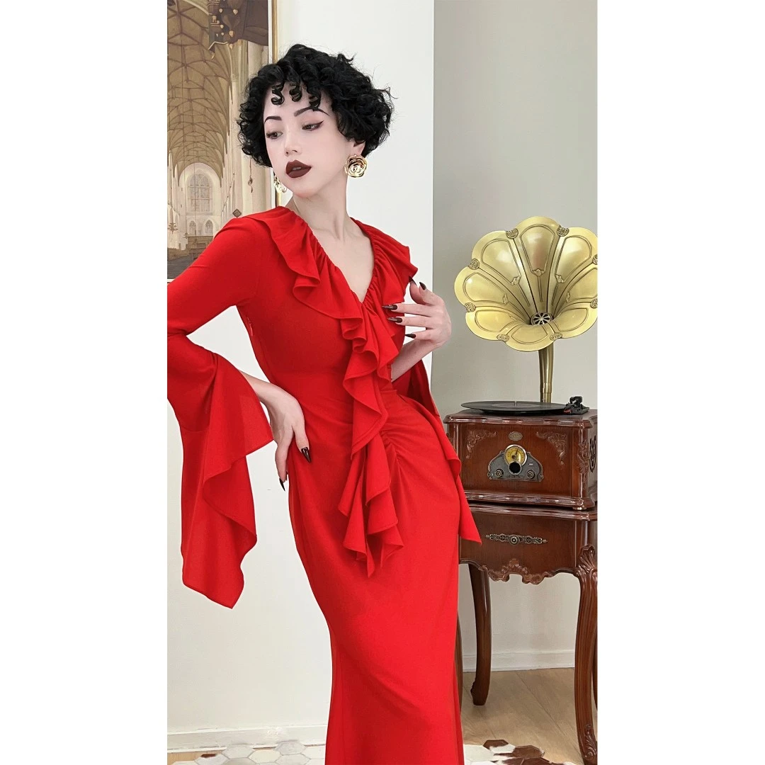 【卡萨布兰卡】复古木耳边设计连衣裙200547