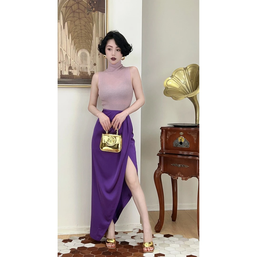 LYXJ【一步之遥】夏季高开叉缎面不规则半身裙