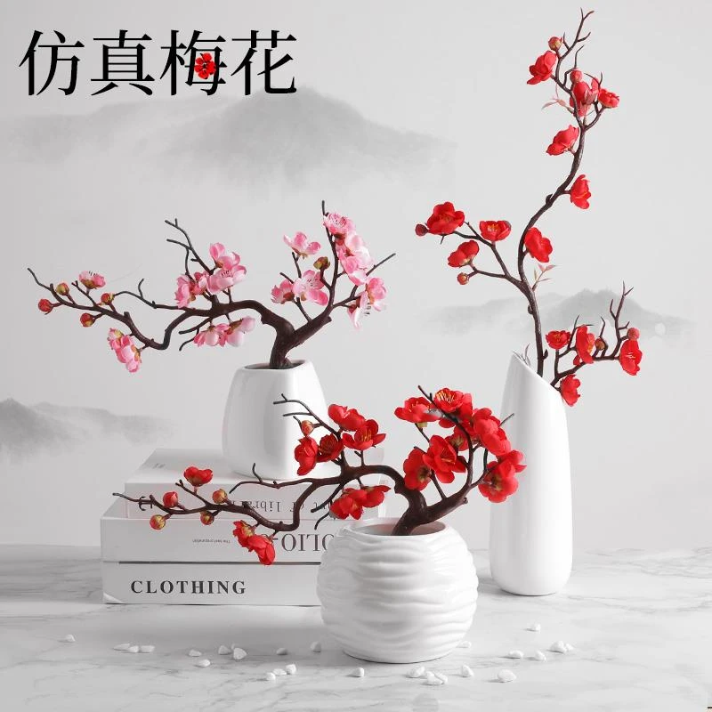 粉色玫红白色居家红色适用仿真梅花桃花枝摆件客厅干花盆景栽假花