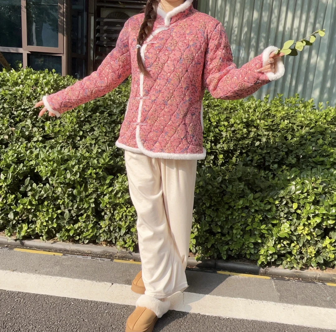 网红盘扣花棉袄中国风时尚女士碎花棉袄外套国潮风修身保暖加厚