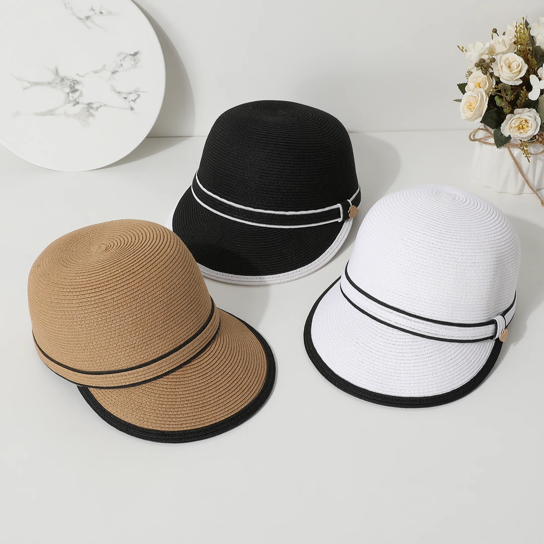 新款细草马术帽女款女士夏季时尚防紫外线防晒编织夏天渔夫帽草帽