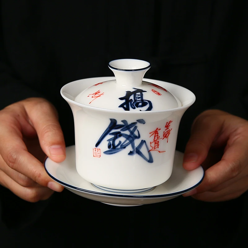 陶瓷悬停盖碗三才泡茶敬茶碗茶杯羊脂玉白瓷单个功夫茶具家用高档