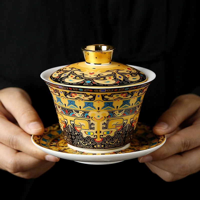 三才盖碗悬停旋转中式功夫茶具礼品大号陶瓷敬茶碗唐卡泡茶碗茶杯