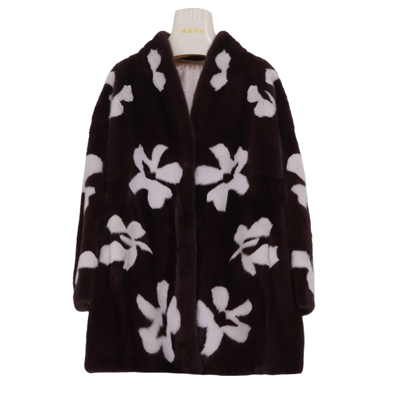 2782整貂进口紫标天鹅绒水貂小V领皮草外套印花中长款女装