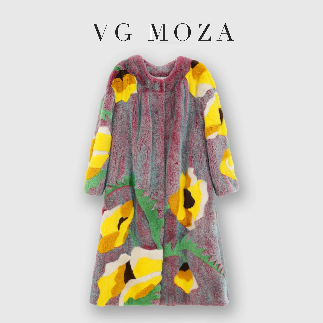 1856#进口高端水貂皮草外套镶花工艺圆领长款貂皮大衣女