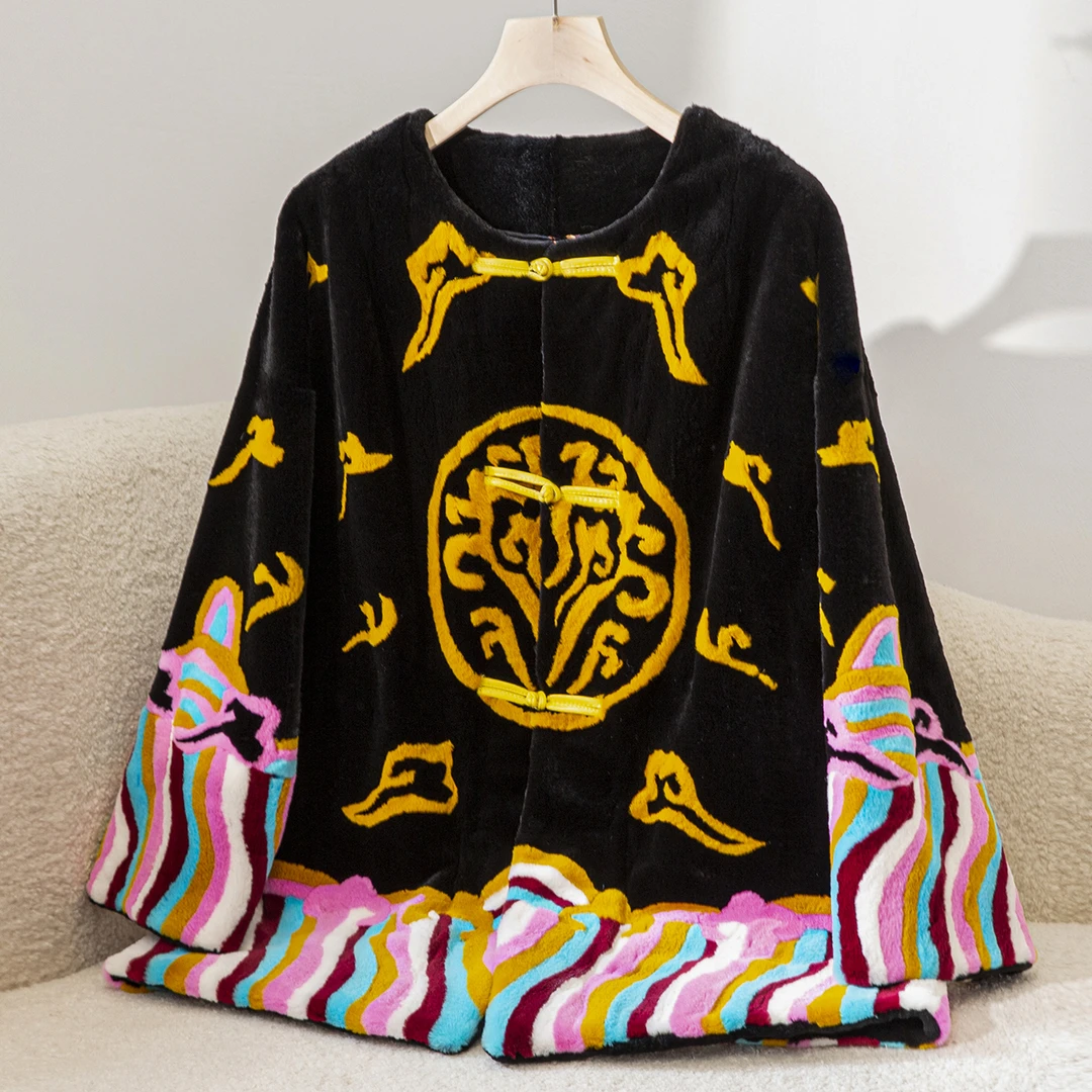 1647#复古民族风整貂水貂进口天鹅绒皮草圆领重工刺绣中式女装