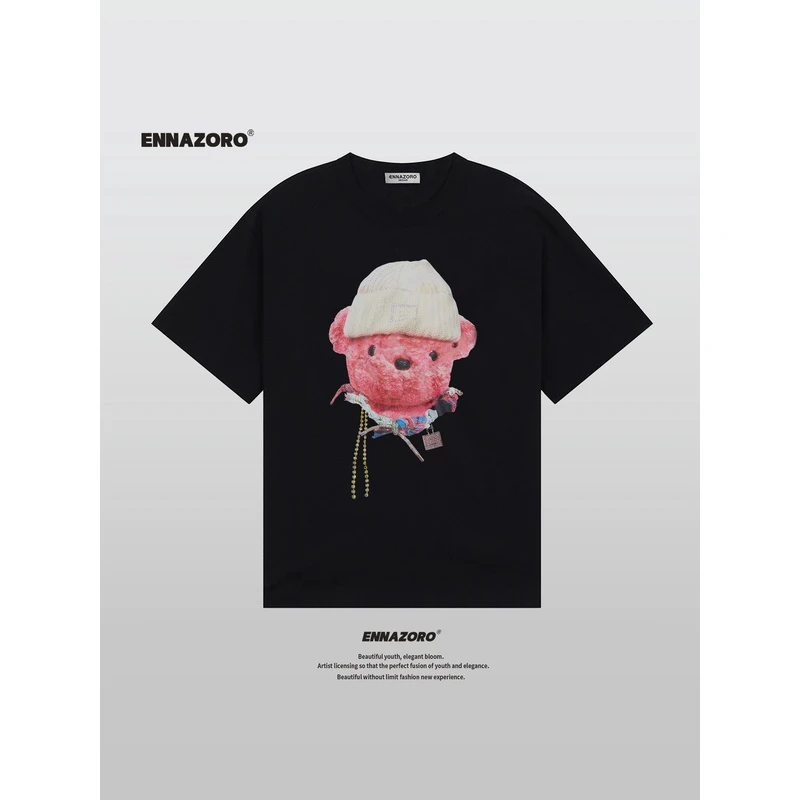 ENNAZORO毛绒泰迪 夏季新款纯棉短袖T恤女美式潮牌上衣情侣装