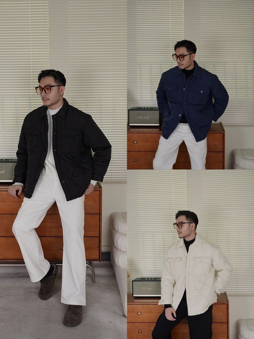 三色简约菱形格设计衬衣领棉服