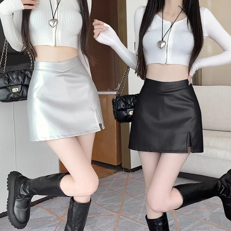 纯色皮裙半身裙女秋冬季2023新款高腰显瘦不规则褶皱PU包臀皮裙