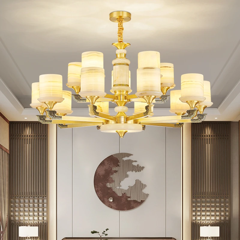 全铜玉石客厅吊灯现代新中式家用高端别墅复式餐厅灯国风卧室灯具