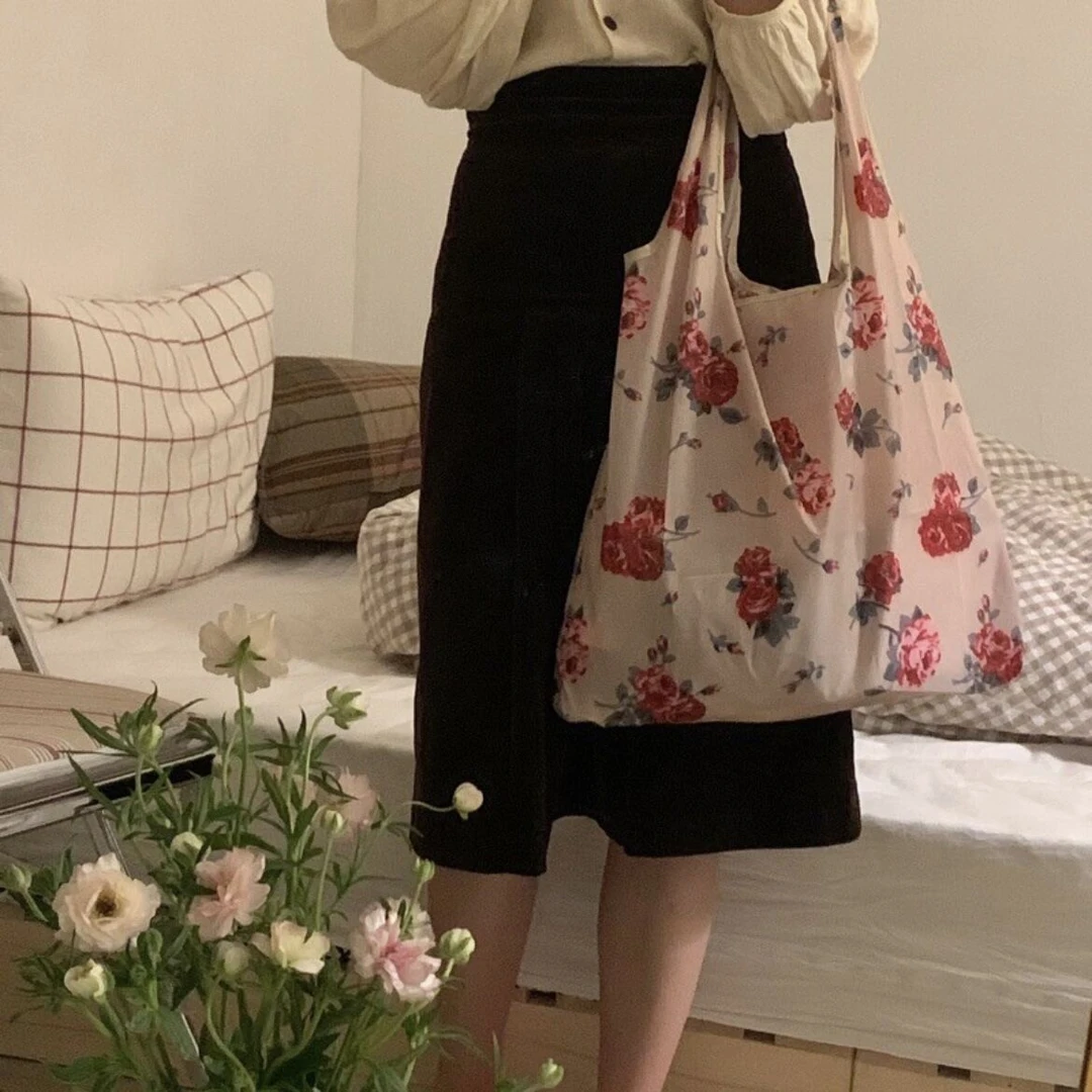 玫瑰购物袋~可折叠大容量便捷超市购物碎花袋子女士手提袋布袋子