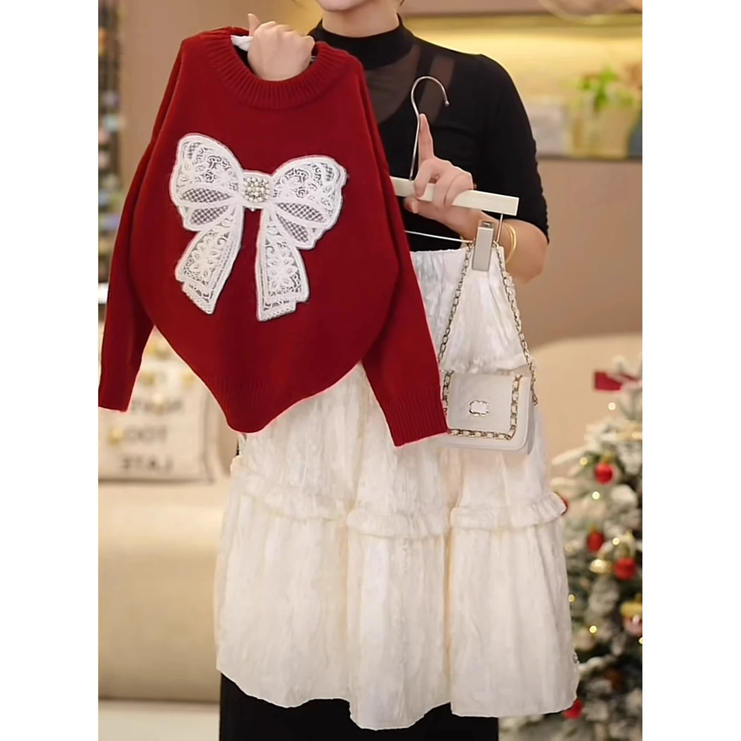 女童毛衣长裙套装2024秋冬款中大童蝴蝶结针织衫加绒加厚半身裙子