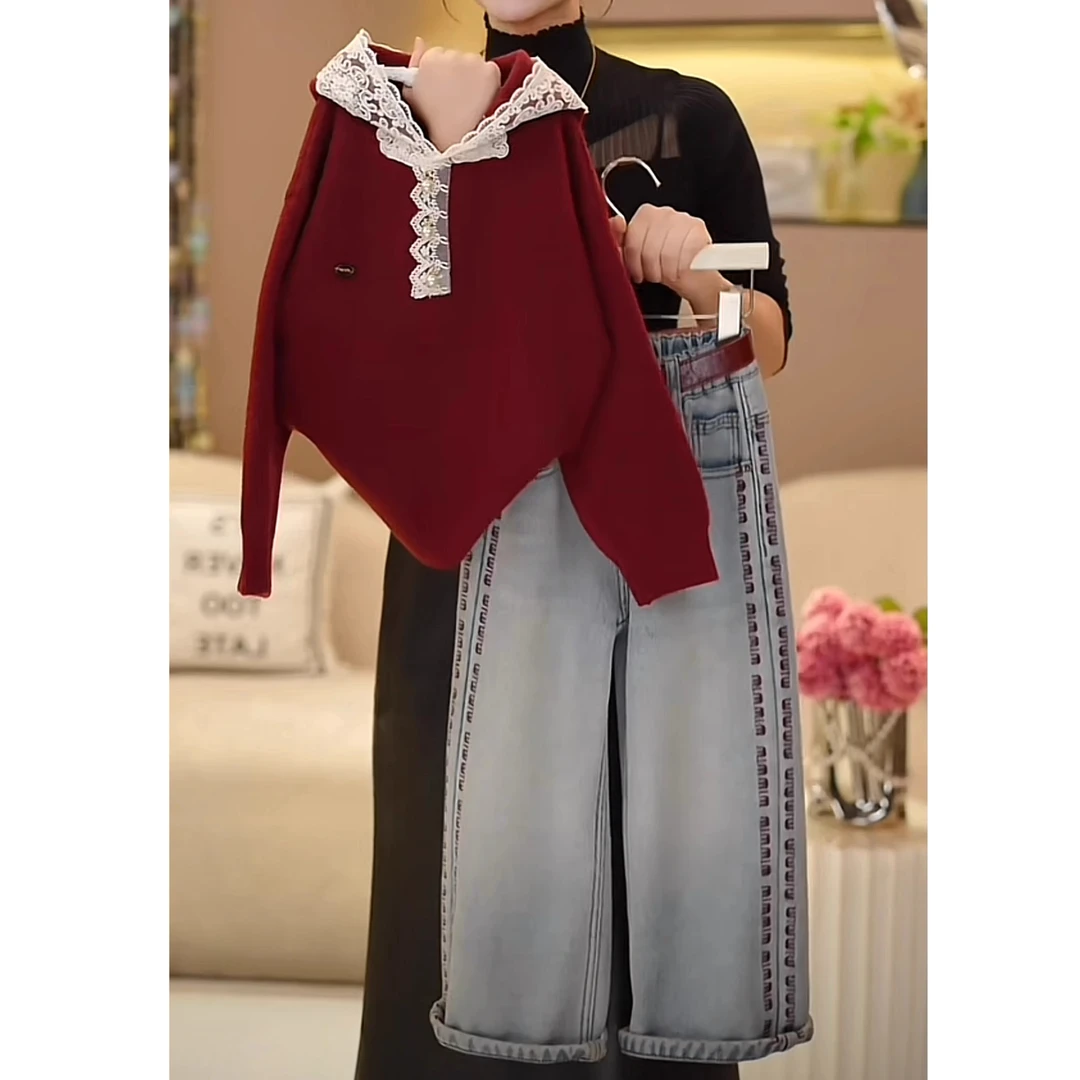 女童蕾丝花边毛衣套装2024秋冬款加厚针织衫连帽一体绒牛仔直筒裤