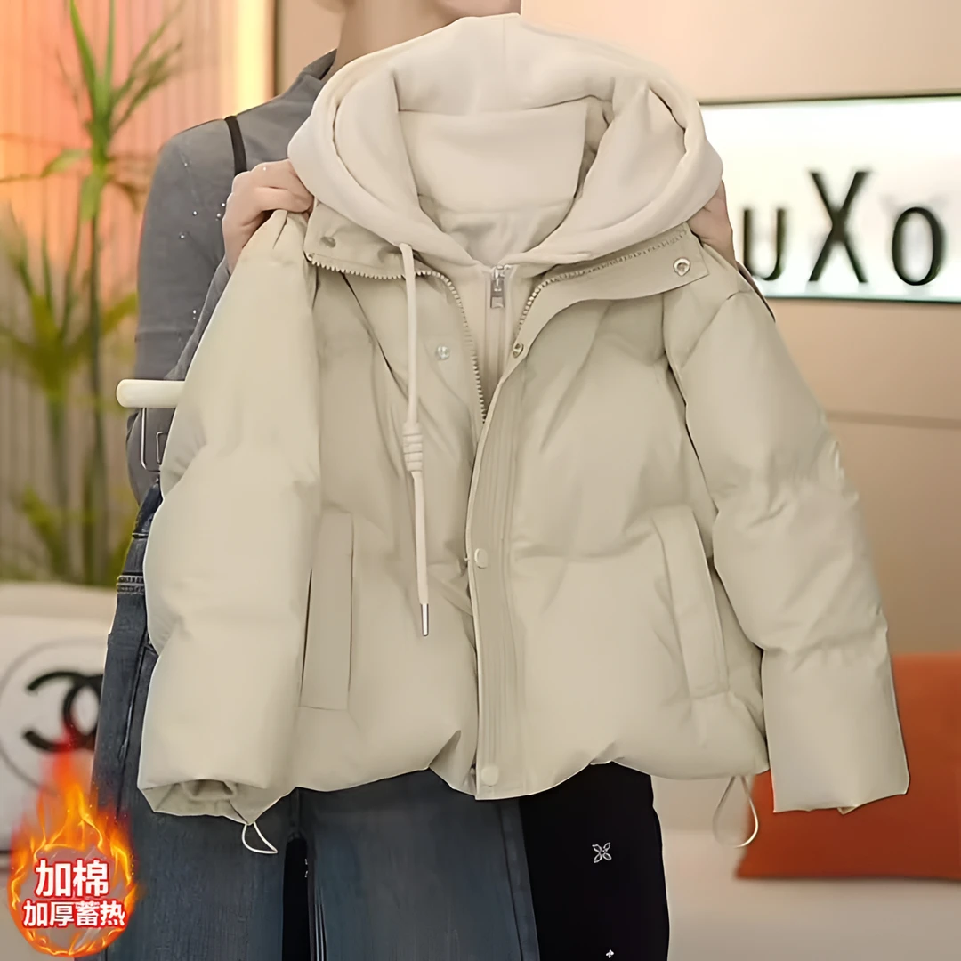 女童加厚羽绒棉服2024冬款中大童假两件短款连帽拼接棉衣免洗保暖