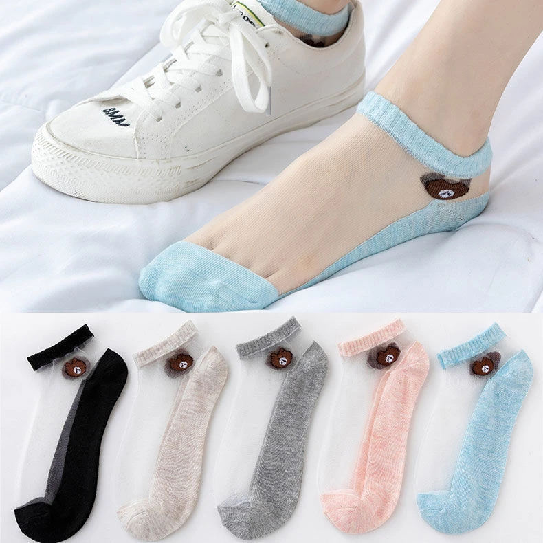 袜子女玻璃丝短袜夏季薄款低帮隐形船袜可爱小熊水晶透明女士袜子
