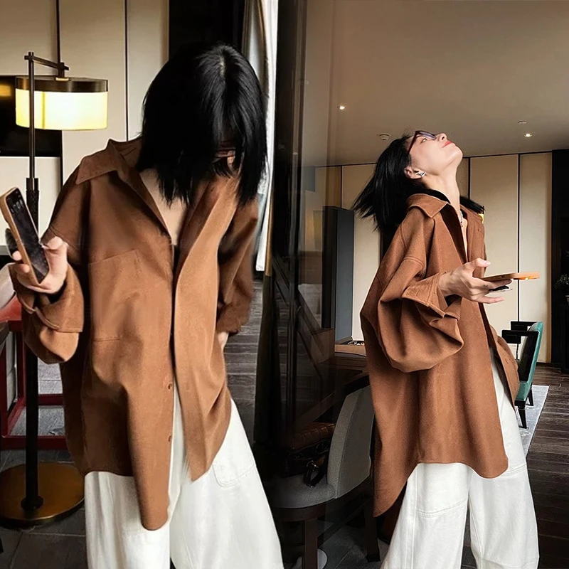 【老钱风原色】棕色衬衫 秋冬加厚灯芯绒衬衣女 宽松中长款休闲上衣