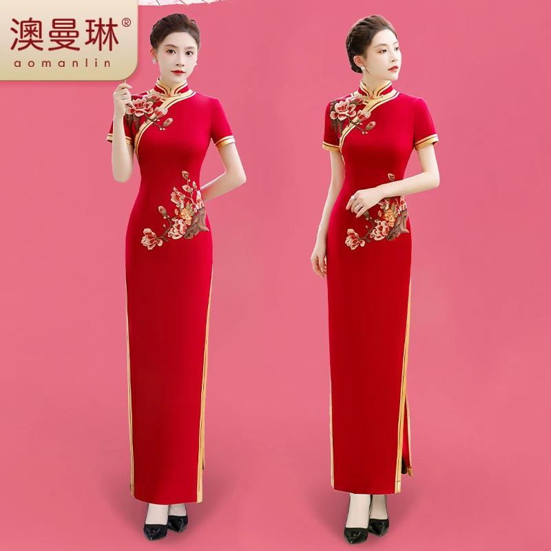 走秀旗袍2025新款表演高端中国风中老年修身显瘦喜婆婆喜妈妈旗袍
