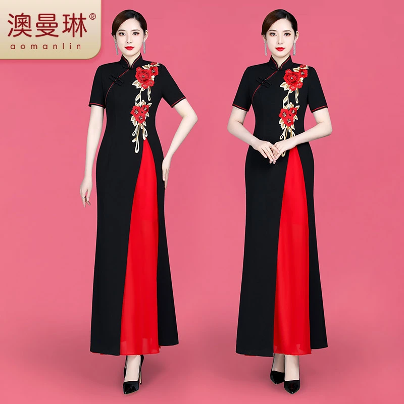新款中国风改良旗袍舞台走秀优雅表演宴会长款显瘦旗袍