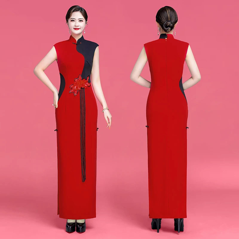 新款无袖拼色走秀旗袍修身时尚立领演出长款演出服气质旗袍大码