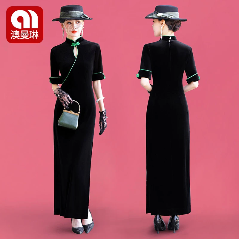 澳曼琳新款丝绒国风旗袍刺绣优雅斜襟优雅舞台表演长款高端演出服