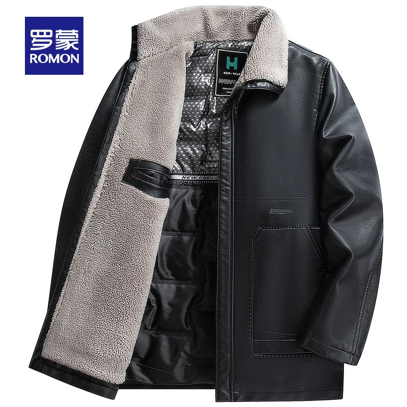 商务休闲中年皮衣夹克男翻领外套加厚爸爸装冬季三防羽绒服